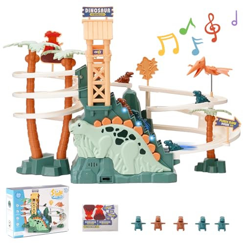 Maycoly Escalera Tobogan Pista Juguete, Montaña Rusa Juguete,Cars Race Track Toys con 5 Dinosaurios, Música, Preescolar Educativo y Juguete Interactivo para 3 4 5 6 Niños Niñas