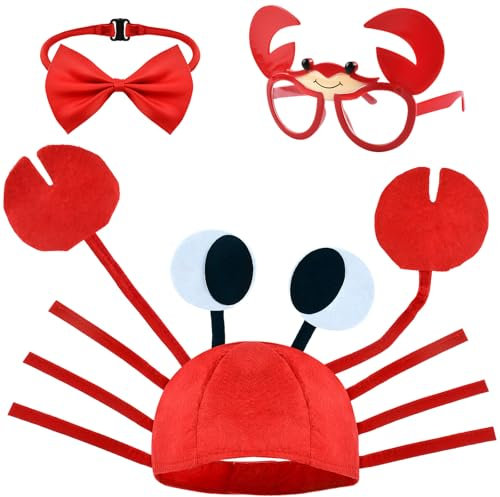 Krabben Hut Krabben Mütze mit Rot Fliege Krabbengläser, Mütze Karneval Verstellbar Lustiger Hut, Partyhut Lustige Hüte für Kinder Erwachsene, Krabbenhut für Karneval Halloween Cosplay Kostüm Zubehör