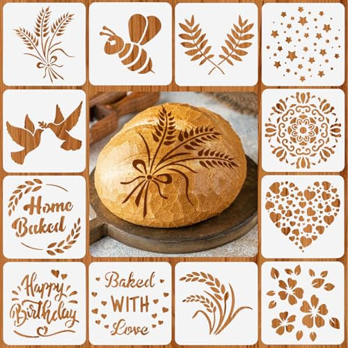 12 Stück Schablone für Brot, 15 X 15cm/5.9 X 5.9in Backschablonen-Set, Teilige Brotschablonen, Artisan Brotschablonen, Brot Schablonen zum Dekorieren, für Brot, Kuchen, Kaffee, Torte oder Kekse (Weiß)