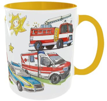 Tasse mit Namen Rettungsfahrzeuge, personalisierte Kindergartentasse Feuerwehr Krankenwagen Polizei, Tasse mit Polizei, personalisierter Kinderbecher mit Feuerwehr Polizei