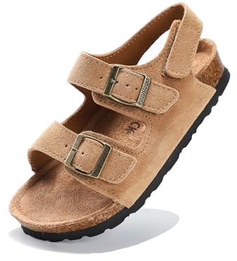 Yeeteepot Enfant Sandales Garçon Fille Bout Ouvert Réglable Sandales Cuir Chaussures de Plage Antidérapant Marche Sport Sandalettes Marron 24 EU