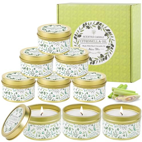 Vleuexe Citronella Kerzen,9 Stück Duftkerzen im Dose,Zitronengras natürliche Sojawachs für Innen und Draussen Citronella Duft Kerze für Garten,Camping,Picknick,Outdoor Kerzen,gartenparty,Candles Set