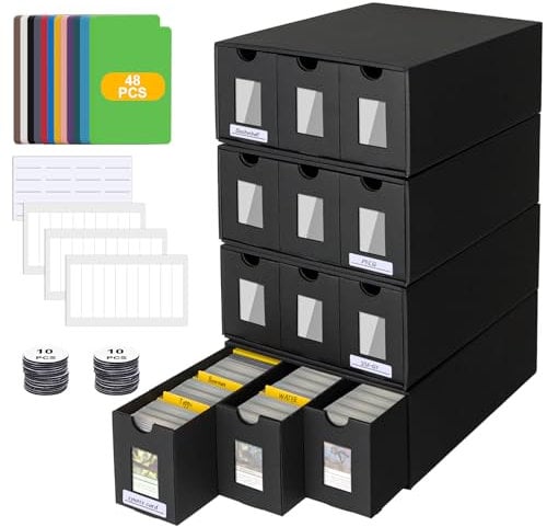 POKIENE Trading Storage Box Card with Visualization Window, 4 Card Storage Box with 48 Card Dividers, Labels Tape and Drawers, for Tcg, Mtg, Ptcg, Sports Cards (4 PCS)