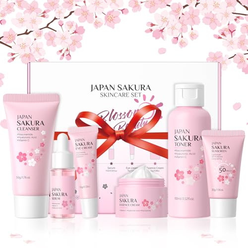 Sakura Skincare Kit , 6 Pièces Coffret Cadeau de Soins pour la Peau | Kit Soins Visage Femme, Produit de Beauté Coréen pour Hydratation Éclat et Protection Solaire SPF50