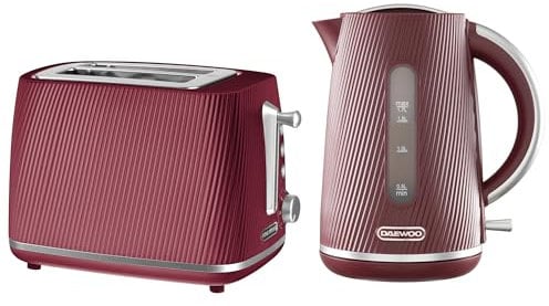 Daewoo Cascade Kettle & Toaster Set – 1.7L Rapid Boil Electric Kettle & 2 Slice Toaster Bundle – Ruby Ribbed Finish, Adjustable Browning, Reheat & Defrost, Removable Crumb Tray, Limescale Filter