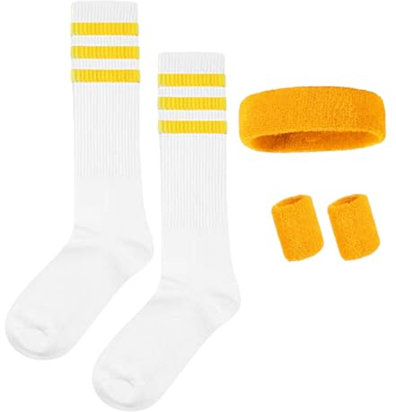 Lufdegim Schweissband und Socken Set, 80er 90er Jahre Schweißband Gestreiftes Stirnband, Armband, Gestreifte Hohe Socken für Damen Herren Sport Laufen Radfahren Karneval Kostüme Party