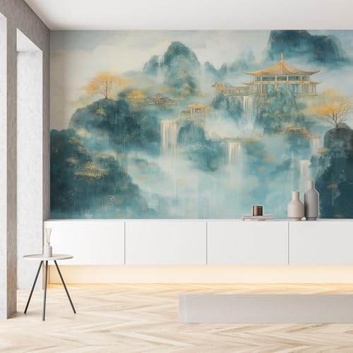 YGcegcia Papier Peint Panoramique Paysage Naturel Oriental Papier Peint Intissé Cascade Montagnes Forêt Jungle Tapisserie Photo Décoration Murale pour Salon Chambre Bureau 400x280 cm