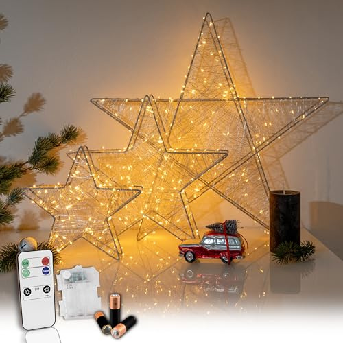 Batteriebetriebener LED Weihnachtsstern Silber mit Fernbedienung & Timer - dimmbar - Dekostern beleuchtet mit warmweißen LEDs Innen und Außen Weihnachtsdeko Fensterdeko (Silber, 80 LEDs - B25xH24xT5)
