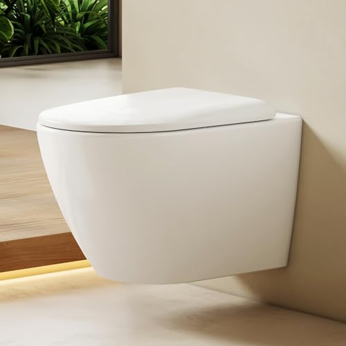 EMKE Inodoro colgante blanco, 490 × 370 × 370 mm, pared inodoro sin bordes, con doble orificio de contracorriente y descarga multiorificio, inodoro de cerámica, asiento de inodoro de cierre suave y