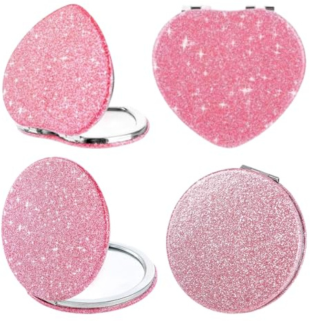 CATZUM 2 Pcs Specchietto da Borsetta Mini Glitter Specchio da Trucco Pieghevole Portatile 2 Lati 1x/2x Ingranditore per Donne e Ragazze (Rosa)