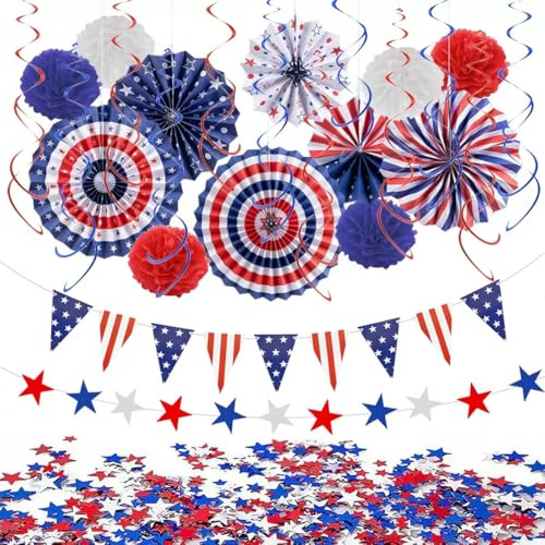 4. Juli Patriotische Party Dekorationen Set Rot Weiß Blau Papier Fans Pompons Blumen Star Streamers USA Wimpel Wimpel für 4. Juli patriotischen Geburtstag Unabhängigkeitstag Dekorationen