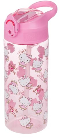 Baagl Tritan Trinkflasche mit Strohhalm 500ml Kinder Schule - Hello Kitty | Die Schultrinkflasche und Wasserflasche für Mädchen ist eine Getränkeflasche für Kindergarten, Sport und Schulausstattung.