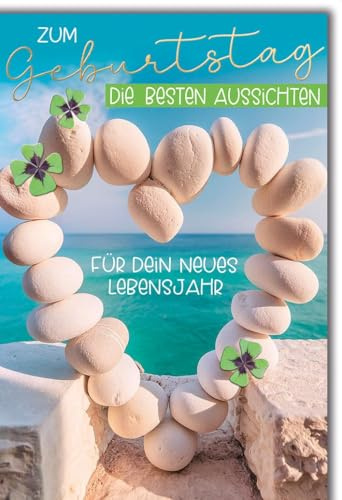 Geburtstagskarte Fröhlich - Herz aus Steinen mit Kleeblättern und Meeresblick - Klappkarte mit Umschlag Glückwunschkarte Geburtstag