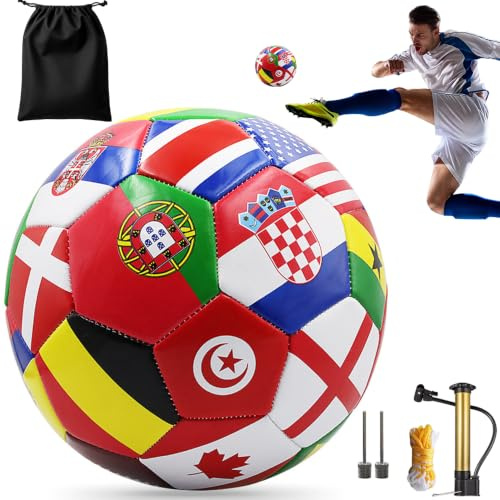 Ballon de football taille 5 avec motif drapeau du monde, ballon de football professionnel en PVC, avec pompe, filet, aiguilles pour enfants et adultes