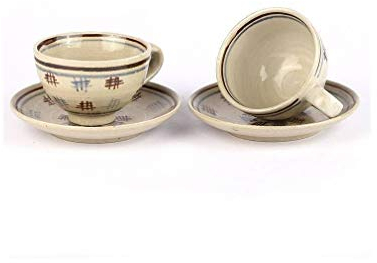 lachineuse - 2 Tasses à Café Couleur Crème - Tasses en Porcelaine Style Nippon - Coloris Écru, Marron & Bleu - Avec Coupelles - Vaisselle Japonaise Traditionnelle - Idée Cadeau Japon Asie