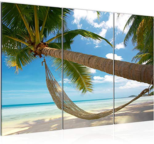 Runa Art Plage Palmiers Peinture Tableau Salon XXL Bleu Beige Mer 120 x 80 cm 3 Parties Decoration Murale 603631a