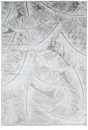 TAPISO Jafar Teppich Wohnzimmer Dünn Kurzflor Modern Floral Blätter Tropical Meliert Beige Hellgrau Silber Designer Esszimmer Viscose 80 x 150 cm