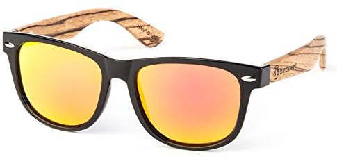 Bexxwell Sonnenbrille mit Echtholz-Bügeln, handgefertigt, UV-Schutz, polarisiert (Holz, Wood) (Schwarz/Rot und Holz hell)