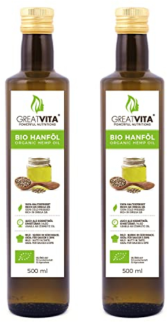 GreatVita Bio Hanföl, 100% rein & kaltgepresst, (2x 500ml) Hanfsamenöl hoher Anteil an Omega 3 & 6 Fettsäuren