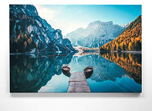 Atemberaubendes Berg Bild Pragser Wildsee. Dolomiten - 100x75cm große XXL Leinwand. Tolles Wandbild als Hintergrund und Deko für Wohnzimmer & Schlafzimmer. Fertig aufgespannt auf 4cm Holz-Keilrahmen