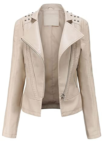 Chiodo Giacca in Pelle da Donna Giacca di Pelle con Borchie Giubbotto Biker in Ecopelle Giacca Motociclista con Cerniera Primavera Autunno Giubbino Corto in Finta Pelle Giubbotto Similpelle Beige L