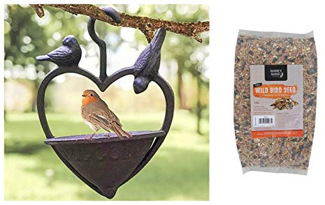 garden mile® Vogelfutterstation aus Gusseisen in Herzform, mit 1 kg Beutel Vogelfutter zum Aufhängen, Vogelnusssamen, Vogelfutterhaus, Outdoor, Garten, Terrasse, Wildvögel, Tierfutter