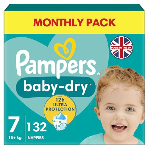 Pampers Baby-Dry Größe 7, 132 Windeln, 15kg+, Monatspackung, bis zu 100 Prozent auslaufsichere Nacht