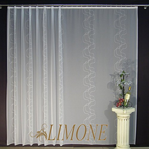 EASYHomefashion Hochwertige Gardine Fertiggardine Voile Store Schal mit Stickerei Faltenband und Bleiband weiß Limone 145 x 450 cm (HöhexBreite)