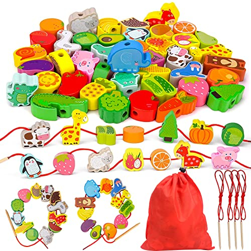 GEEKEO Fädelspiel Montessori Spielzeug ab 2 3 Jahre Mädchen und Jungen, Holzperlen Lernspiel Spielzeug Motorikspielzeug Pädagogisches Geschenke Spielzeug für 2 3 4 Jahren Kinder