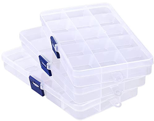 Cosics Fake Nail Storage Box, 3PCS 15-Grid Rhinestone Organizer Case with Divider, Clear Plastic Empty Container for Art Craft Sewing Screw Rock Collection Fishing Tackle, Bead Jewelry Display Holder