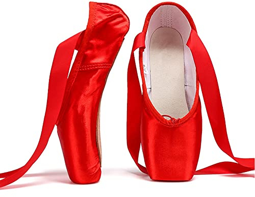Spitzenschuhe Rosa Ballettschuhe für Anfänger Rot Schwarz Satin Professionelle Tanzschuhe Ballerinas mit Aufgenähten Bändern für Damen Mädchen(30 EU,Rot)