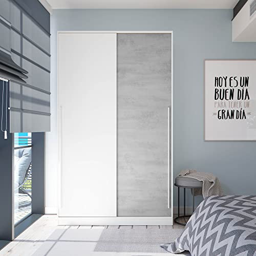 PEGANE Armoire Placard Meuble de Rangement 2 Portes coulissantes en Bois Coloris Blanc Mat et Gris Ciment - Hauteur 200 x Longueur 120 cm x Profondeur 50 cm