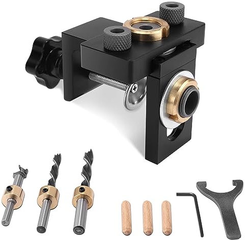3-in-1 Doweling Jig Kit, 8/10/15mm Pocket Hole Jig Kit mit Positionierungsclip Einstellbare Bohrführung Puncher Locator für die Holzbearbeitung Taschenloch Jig Kit Werkzeug, 0-52mm Plattendicke