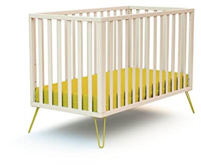 JURABABY - Babybett Holz ONLY weißem und gelbem 60 x 120 cm| 128 x 68 x 86 cm | Kinderbett | Gitterbett mit Lattenrost 3 Stufen Höhenverstellbar