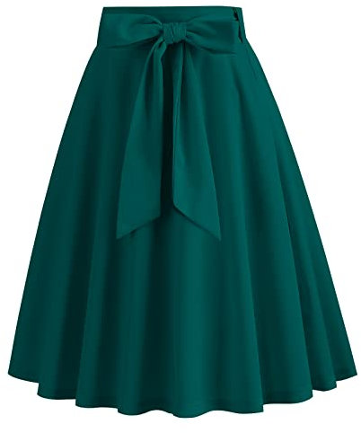 Damen Vintage Swing Rock 1950er Jahre Faltenrock Einfarbig A-Linie Kniel�Nge Rockabilly Midirock Sommer Skater R�cke mit G�rtel und Pocket Dunkelgr�n-Bowknot M