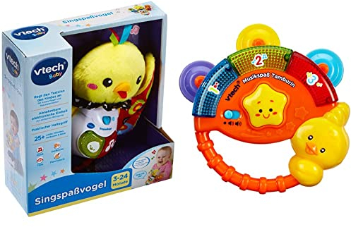 VTech Baby 80-185304 - Singspaßvogel, bunt & VTech Baby Musikspaß Tamburin – Elektronisches Spielzeug mit Musik und Geräuscheffekten – Für Kinder von 9-36 Monaten