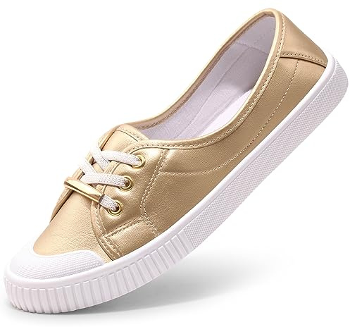 Harvest Land Womens Canvas Shoes Low Top Flat Gym Sports Pumps Trainers Lace Up Flat Ladies Girls Fashion Pumps Gold UK6