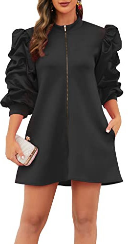 VERWIN Kleid mit Rüschenärmeln, Reißverschluss vorne, Ballkleid, modisch, Cocktail-Stehkragen, Partykleid, locker, lässiges Midikleid, Schwarz, M