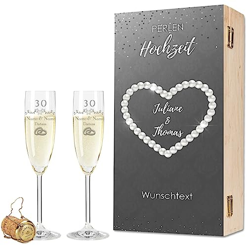 Leonardo Sektgläser mit Gravur - Perlenhochzeit 30 Jahre - Personalisiert mit Namen & Datum inkl. Holzkiste - Geschenk zur Hochzeit Verlobung Jahrestag - Farbe: Sekt