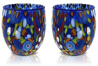 MAZZEGA ART & DESIGN - 2 Bicchieri da Acqua in Vetro Soffiati e Lavorati a Mano con Murrine di Murano, linea “I Colori di Murano” 320 ml. Made in Italy (BLU, 2)