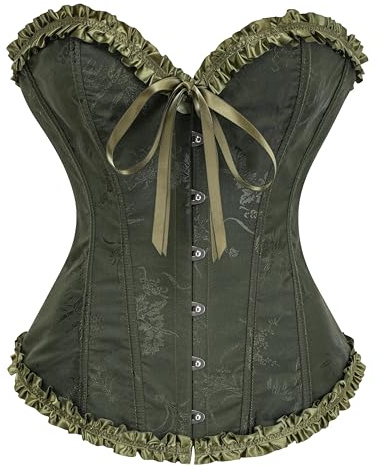 YUNAR Women's Beautiful Floral Lace Up Boned Overbust Corset Bustier Lingerie Bodyshaper Top, Dark Green, Large