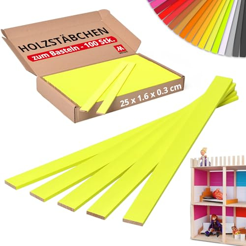 Metrie Holzstäbe zum Basteln - Neon Gelb | 25 cm - 100 Stück | 250 x 16 x 3 mm | Holzleisten, Holzspatel, Rührstäbchen aus Buchenholz für Modellbau, Deko, Floristik & DIY | Holz | EU