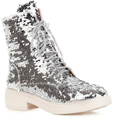 Botas Combate con Lentejuelas Brillantes y Elegantes para Mujer,Botines con Cordones tacón bajo y Grueso cómodos,Botines Punta Redonda para Fiesta Boda,Plata,40 EU