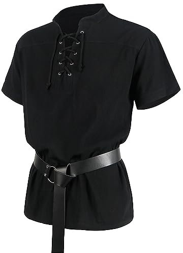 Lulupi Herren Retro Baumwolle Freizeithemd Langarm Schnürbare Hemden Mittelalterlich Wikinger Piraten Kostüm Für Halloween Verband Kurz Mittelalterliches Hemd Gothic Hemd für Männe
