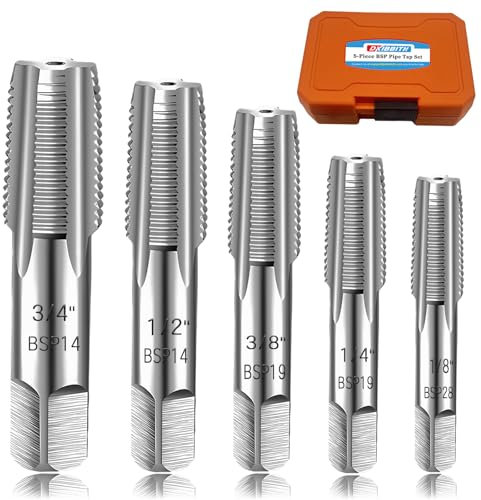 DKIBBITH Lot de 5 tarauds de Tuyau BSP de 0,3 cm, 0,6 cm, 0,9 cm, 0,9 cm, 1,2 cm, 1,9 cm, 1,9 cm BSP en Acier au Carbone, Ensemble de tarauds de plomberie pour Filetage précis, as