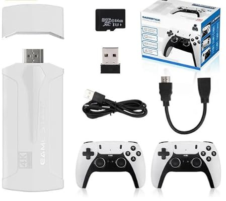 Generic Consola de Videojuegos con Mando inalámbrico Doble, 2.4G, 4K, 370,000 Juegos, 64GB, Retro, TV Blanco Arcade