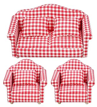 YUNFANG Miniatur-Sofa, Möbel-Sofa | -Couch-Sessel mit Kissen | Rot Kariertes Miniatur-Möbelspielzeug mit hoher Simulation für Puppenhäuser, Kinder und Erwachsene, begeisterter Sammler