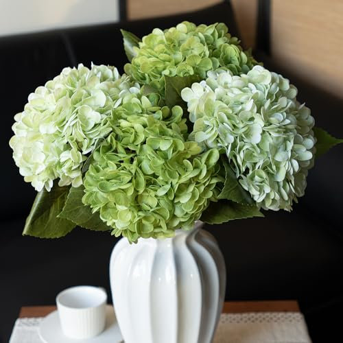 DUYONE 4PCS Künstliche Blumen Große Hortensien Blumen Latex Bouquet für Hochzeit Braut Büro Home Party Dekoration (2Pcs Grün+2Pcs Hellgrün)