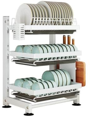 Heikoeco® Abtropfgestell Geschirr, Geschirrabtropfgestell mit Abtropfschale & Utensilienhalter, 3-stufiges Geschirr Abtropfständer, höhenverstellbares Abtropfgestell (Weiß, 3 Ebene)