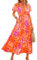 MASCOMODA Robe longue d'été pour femme 2025 décontractée avec col en V et manches courtes bouffantes et smockées - Robe de plage bohème longue à motif floral, F02-orange rose rouge, Taille XL